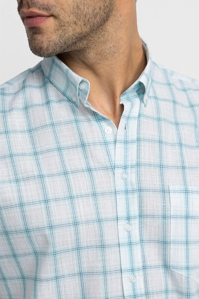 تودورس Tudors Classic Fit Short Sleeve Checked Linen Men's White Shirt