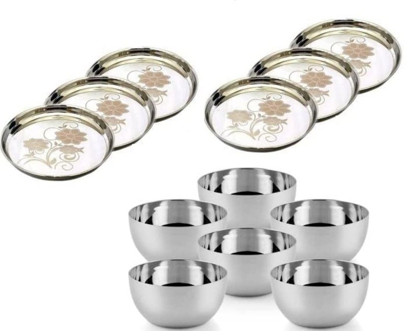 ASHMIK Stainless Steel Dinner Set Including Full Plates Bowls Classic Essentials 6 Plate and 6 Bowl Combo Set Dinner Set for 6+6 Pcs - Image 1