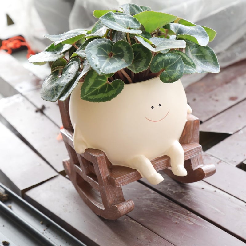 UMESONG Smily Face Planter Pot Cute Resin Flower Head Planters for Indoor Outdoor Plants Unique Sitting Rocking Chairs Succulent Pots for String of Pearls Plant Live Gift Ideals with Drainage Hole - Image 1