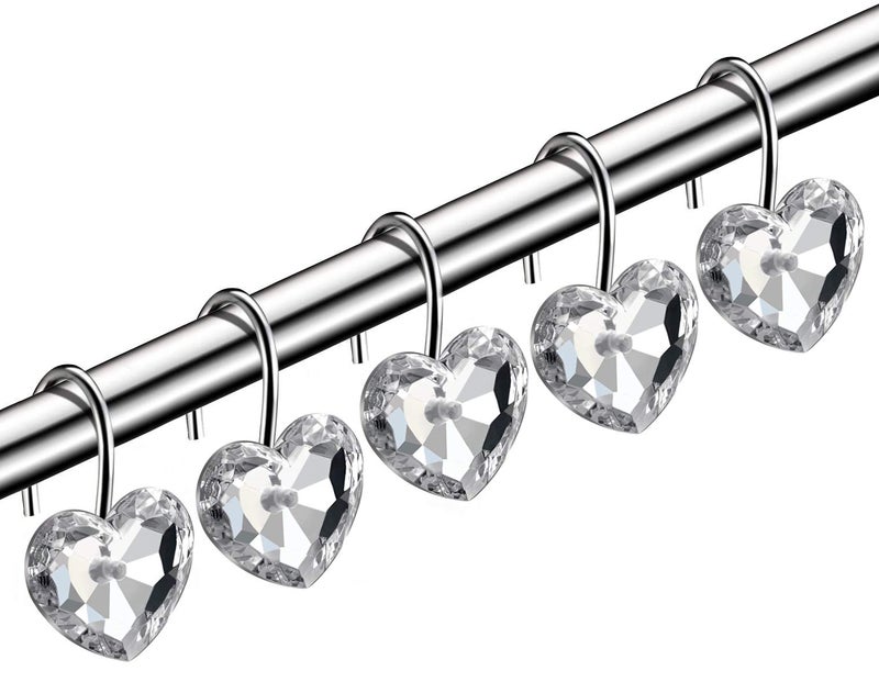 HBlife 12 Pcs Acrylic Decorative Rolling Diamond Shower Curtain Hooks Rust Proof Rhinestones Crystal Bling Shower Curtain Hooks for Curtain and Shower Rod Clear Heart
