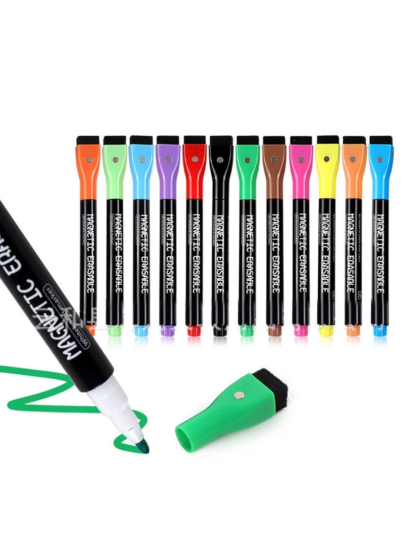 SYOSI Magnetic Whiteboard Marker with Erasers 12Colors Magnetic Dry Erase Markers Low Odor White Board Markers Fine Tip Pens for Kids Teacher Back to School Work on Classroom Office Calender - Image 1