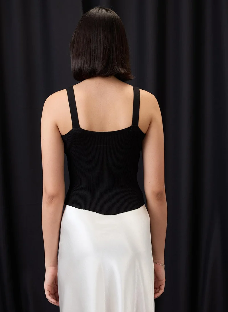 globus Globus Women Black Round Neck Strappy Sleeves Asymmetric Hem Ribbed Vest Top