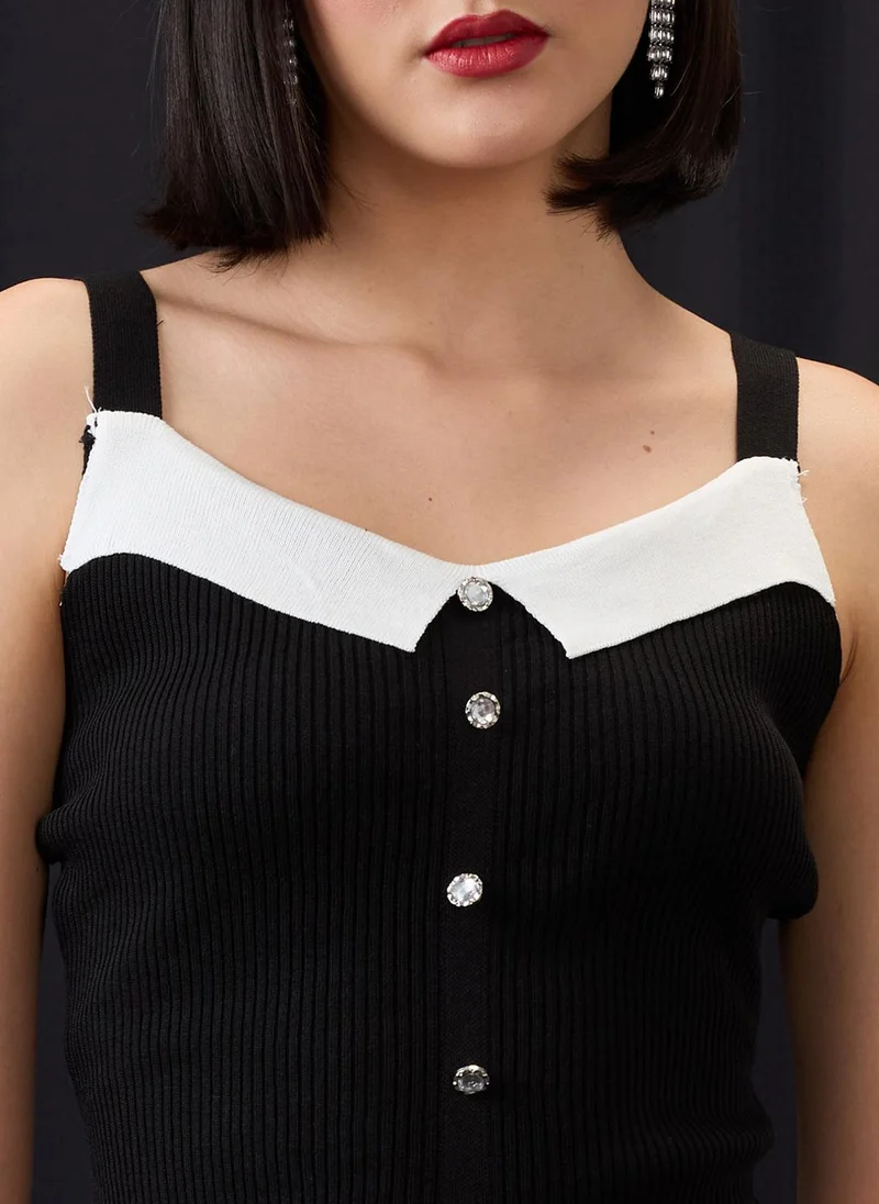 globus Globus Women Black Round Neck Strappy Sleeves Asymmetric Hem Ribbed Vest Top