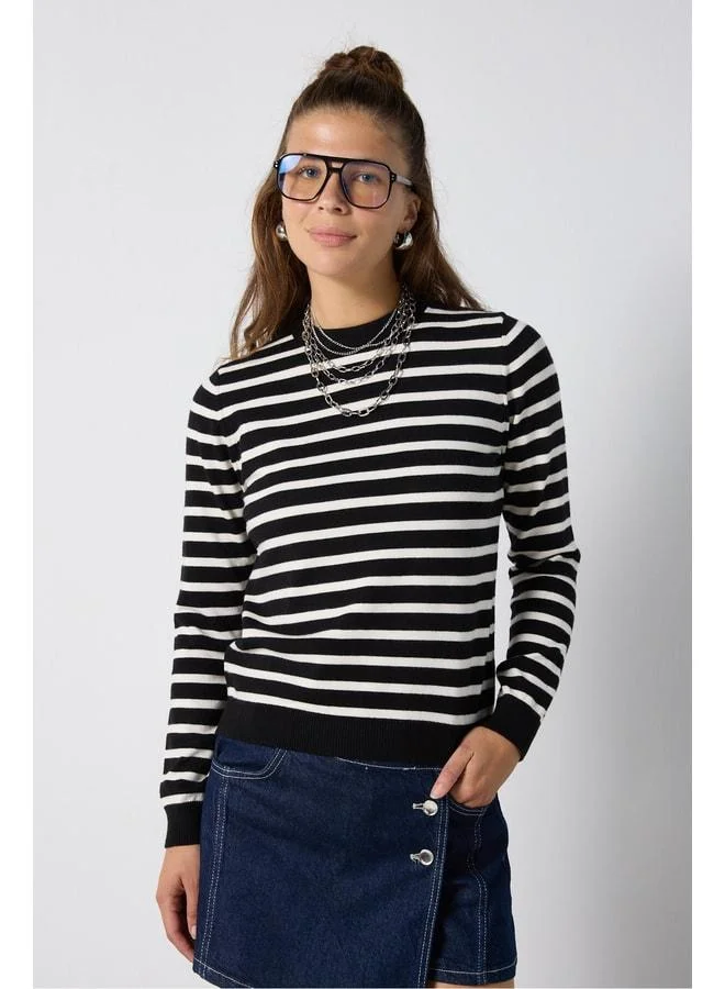 mina aise Women's Black - Beige Striped Flexible Premium Knit Sweater 7050.