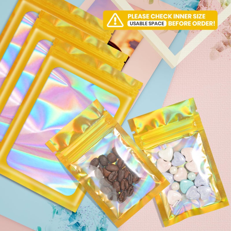 Funfery 100 pcs Gold Mylar Holographic Resealable Bags,Clear Packaging Bag Odor Proof Foil Pouch Bag for Food Storage, Lipgloss, Jewelry, Eyelash Packaging for Small Business - 2.4 x 3.9Inch - Image 2