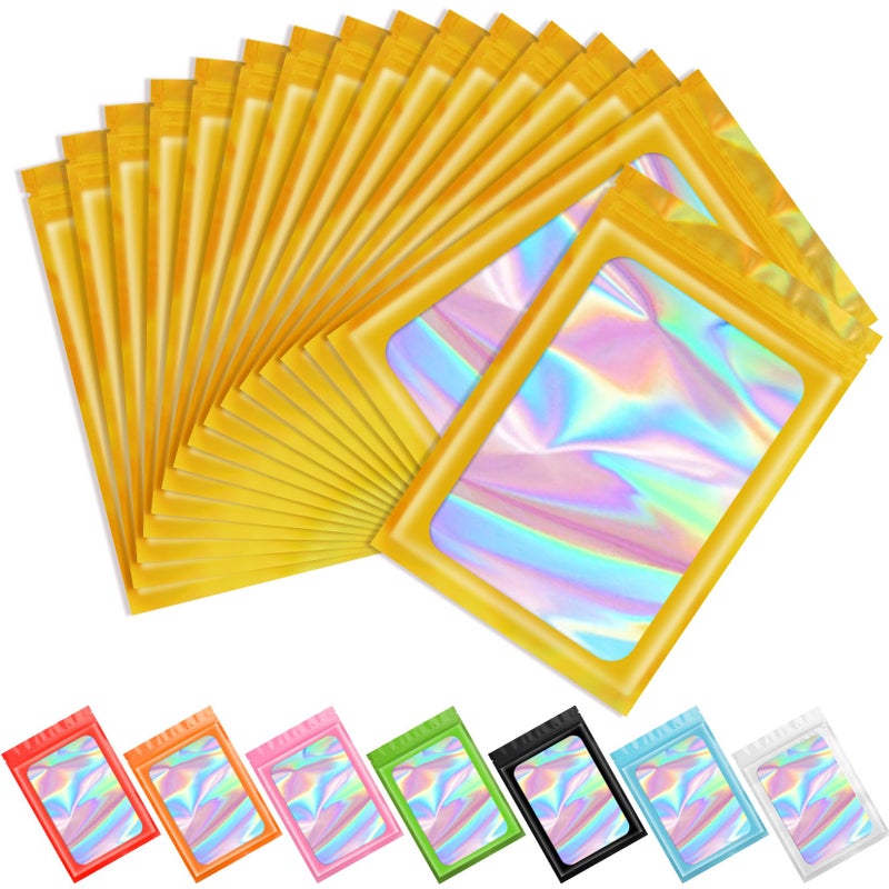 Funfery 100 pcs Gold Mylar Holographic Resealable Bags,Clear Packaging Bag Odor Proof Foil Pouch Bag for Food Storage, Lipgloss, Jewelry, Eyelash Packaging for Small Business - 2.4 x 3.9Inch - Image 1