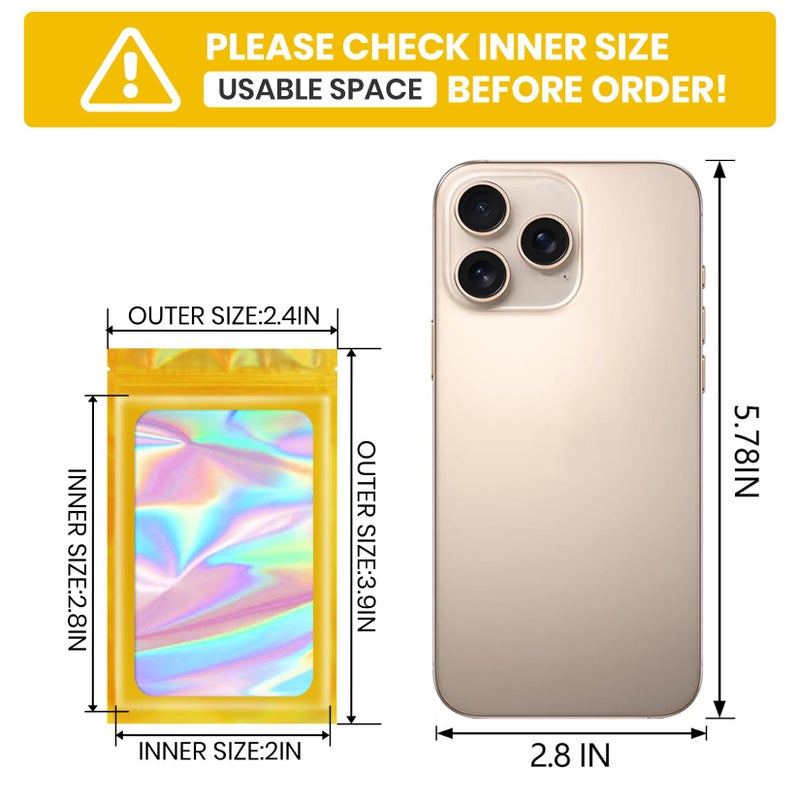 Funfery 100 pcs Gold Mylar Holographic Resealable Bags,Clear Packaging Bag Odor Proof Foil Pouch Bag for Food Storage, Lipgloss, Jewelry, Eyelash Packaging for Small Business - 2.4 x 3.9Inch - Image 3