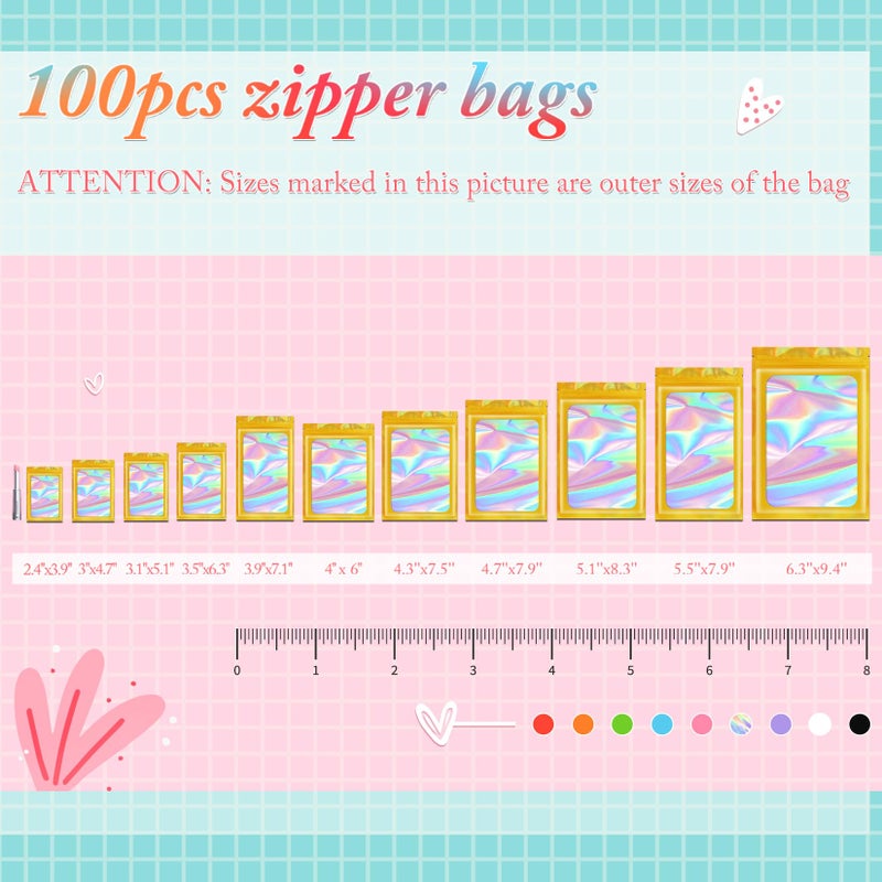 Funfery 100 pcs Gold Mylar Holographic Resealable Bags,Clear Packaging Bag Odor Proof Foil Pouch Bag for Food Storage, Lipgloss, Jewelry, Eyelash Packaging for Small Business - 2.4 x 3.9Inch - Image 5