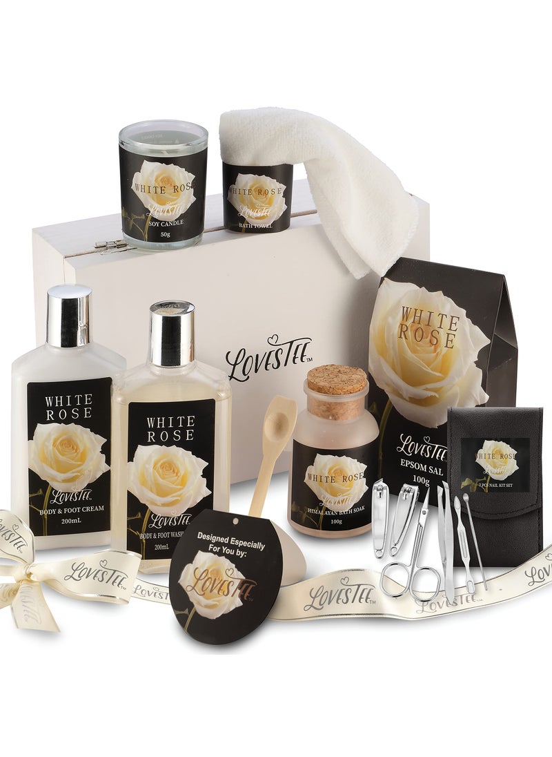 Lovestee 14 Pc Aromatherapy Bath Set for Women Gift - Spa Basket with Candle, Body Wash & Cream, Bath Soak, Epsom Salt, Towel, Nail Kit - Self Care Pampering Beauty Spa Gift Sets for Women, Mom Her 