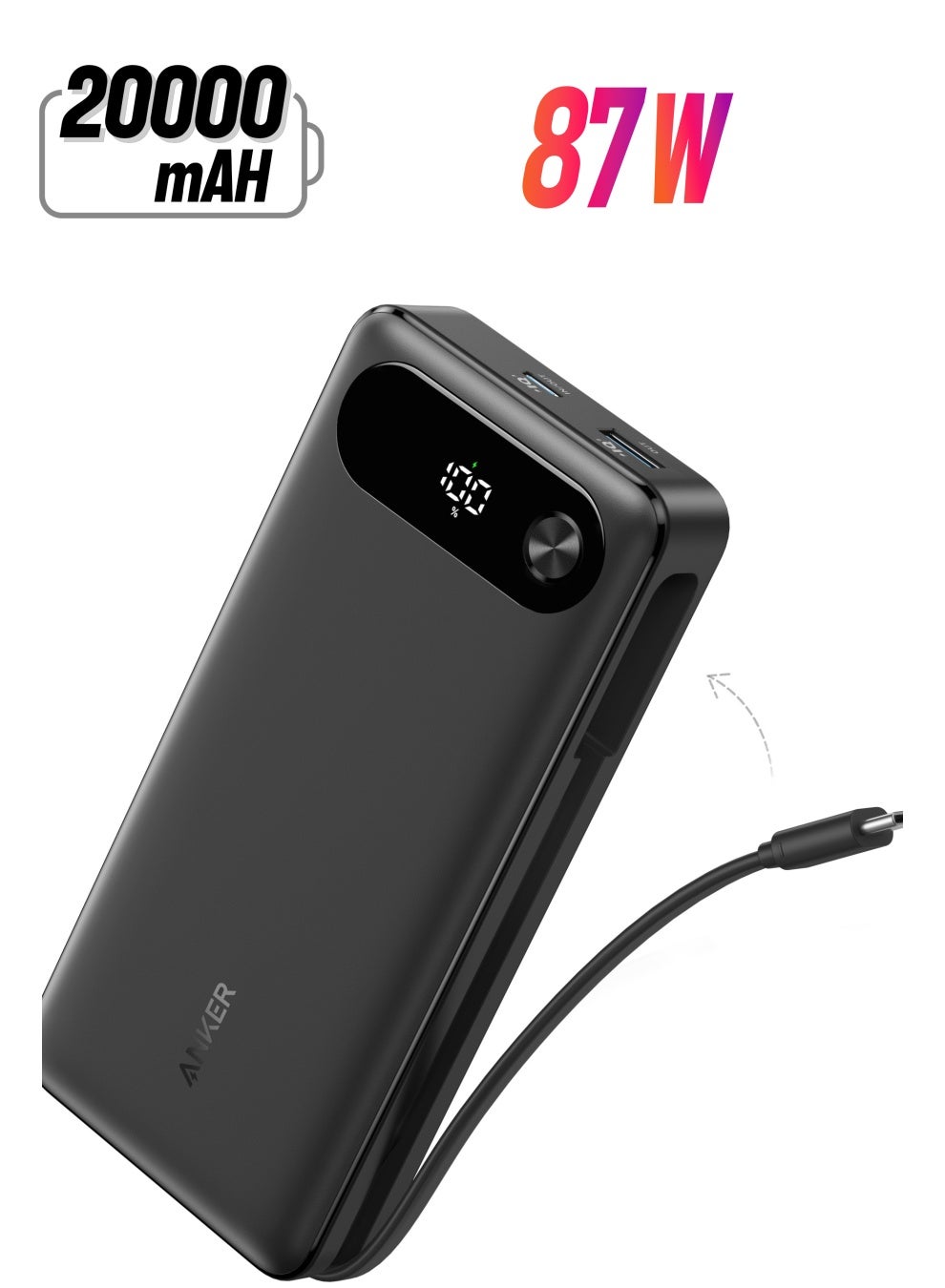 Power Bank 20,000 mAh, 87W Total Output with Built-in USB-C Cable & 1 USB-C and 1 USB-A