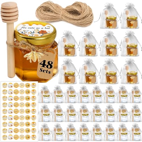 Aliggbent 48 Pack Mini Honey Jars Party Favors in Bulk, 1.5 oz Small Hexagon Glass Honey Jars with Dippers, Lids, Cute Stickers, Bee Charms, Gift Bags and Jute for Baby Showers, Weddings & Birthdays - Image 1