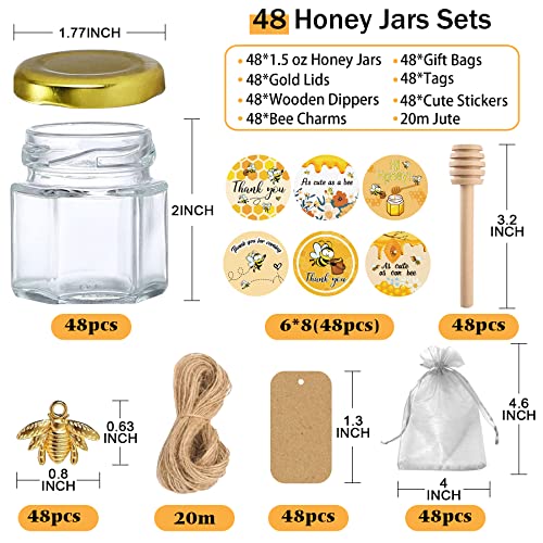 Aliggbent 48 Pack Mini Honey Jars Party Favors in Bulk, 1.5 oz Small Hexagon Glass Honey Jars with Dippers, Lids, Cute Stickers, Bee Charms, Gift Bags and Jute for Baby Showers, Weddings & Birthdays - Image 2