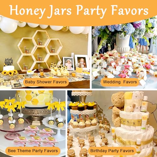 Aliggbent 48 Pack Mini Honey Jars Party Favors in Bulk, 1.5 oz Small Hexagon Glass Honey Jars with Dippers, Lids, Cute Stickers, Bee Charms, Gift Bags and Jute for Baby Showers, Weddings & Birthdays - Image 3