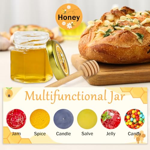 Aliggbent 48 Pack Mini Honey Jars Party Favors in Bulk, 1.5 oz Small Hexagon Glass Honey Jars with Dippers, Lids, Cute Stickers, Bee Charms, Gift Bags and Jute for Baby Showers, Weddings & Birthdays - Image 5