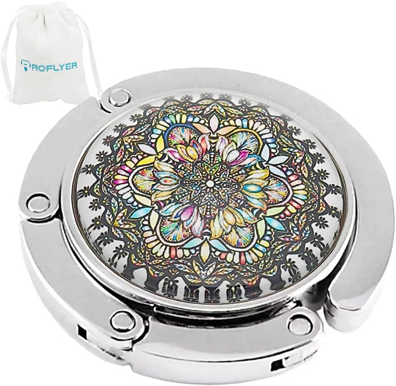 Cute Round Purse Hook - Foldable Handbag Hanger Safer Cleaner Bag, Fold Up Folding Table Hanger, with Velvet Pouch (Mandala Flower)