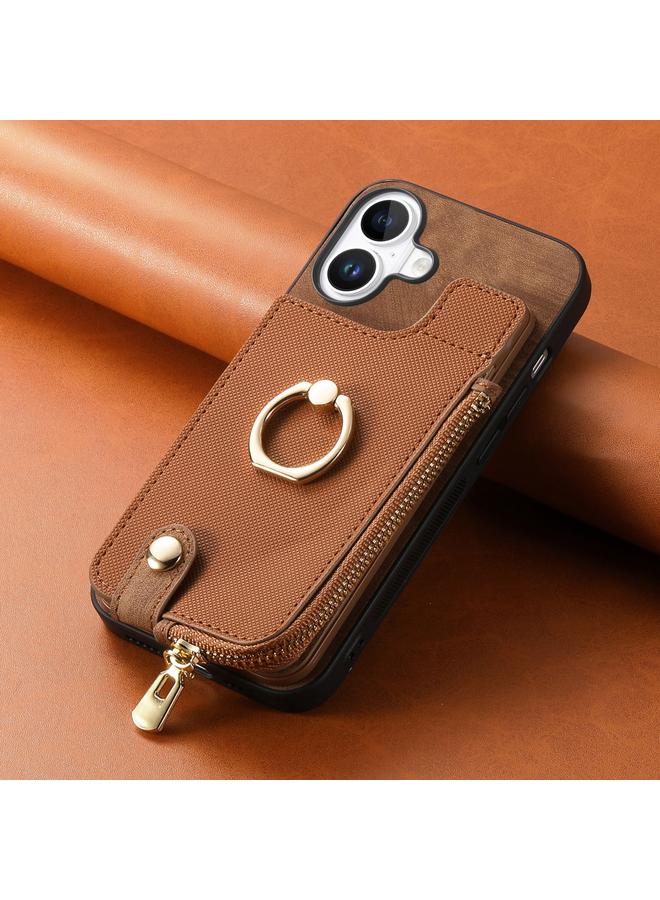 S-TOP Case For iPhone 16 Plus Cross Leather Ring Vertical Zipper Wallet Back Phone Case - Image 2