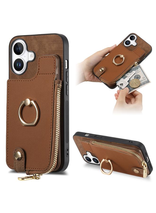 S-TOP Case For iPhone 16 Plus Cross Leather Ring Vertical Zipper Wallet Back Phone Case - Image 1