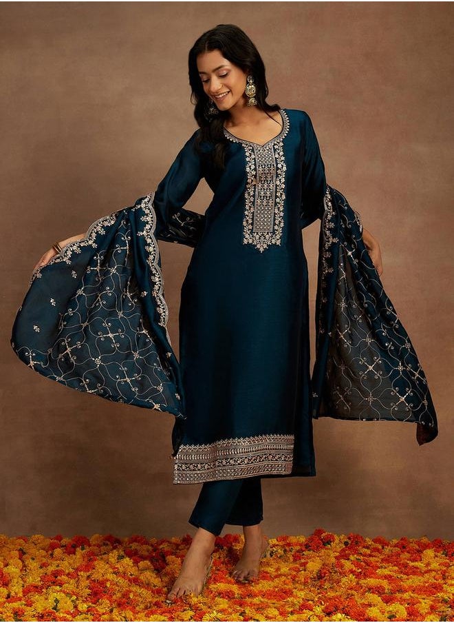 Libas Embroidered Kurta and Mid Rise Trouser with Dupatta Set by Styli  - Image 1