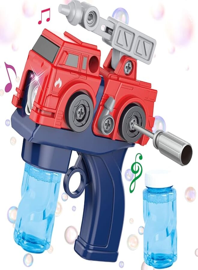 HANMUN Bubble Machine for Kids - Bubbles Gun Toys with 2 Bubble Solution, Automatic Bubble Maker Blower Machine with Music & Lights, Assemble Fire Truck Bubbles Machine for Outdoor Kids Boys Girls