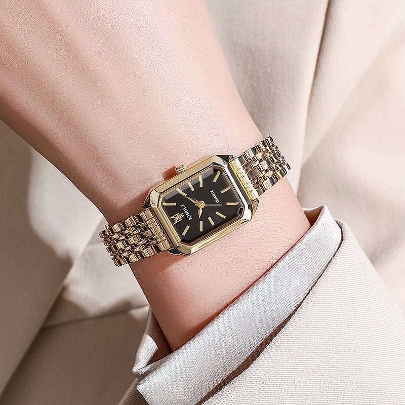 Trendy Luxury Alloy Steel Womens Square Quartz Watch gold black