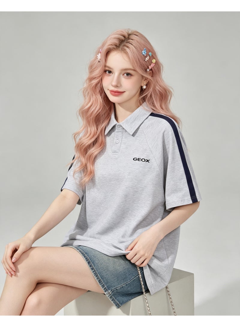 GEOX Men Loose Collared Short Sleeve Polo Shirt Casual Side Stripe Tee Light Grey - Image 3