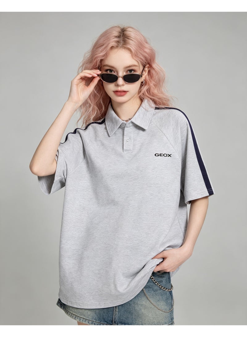 GEOX Men Loose Collared Short Sleeve Polo Shirt Casual Side Stripe Tee Light Grey - Image 2