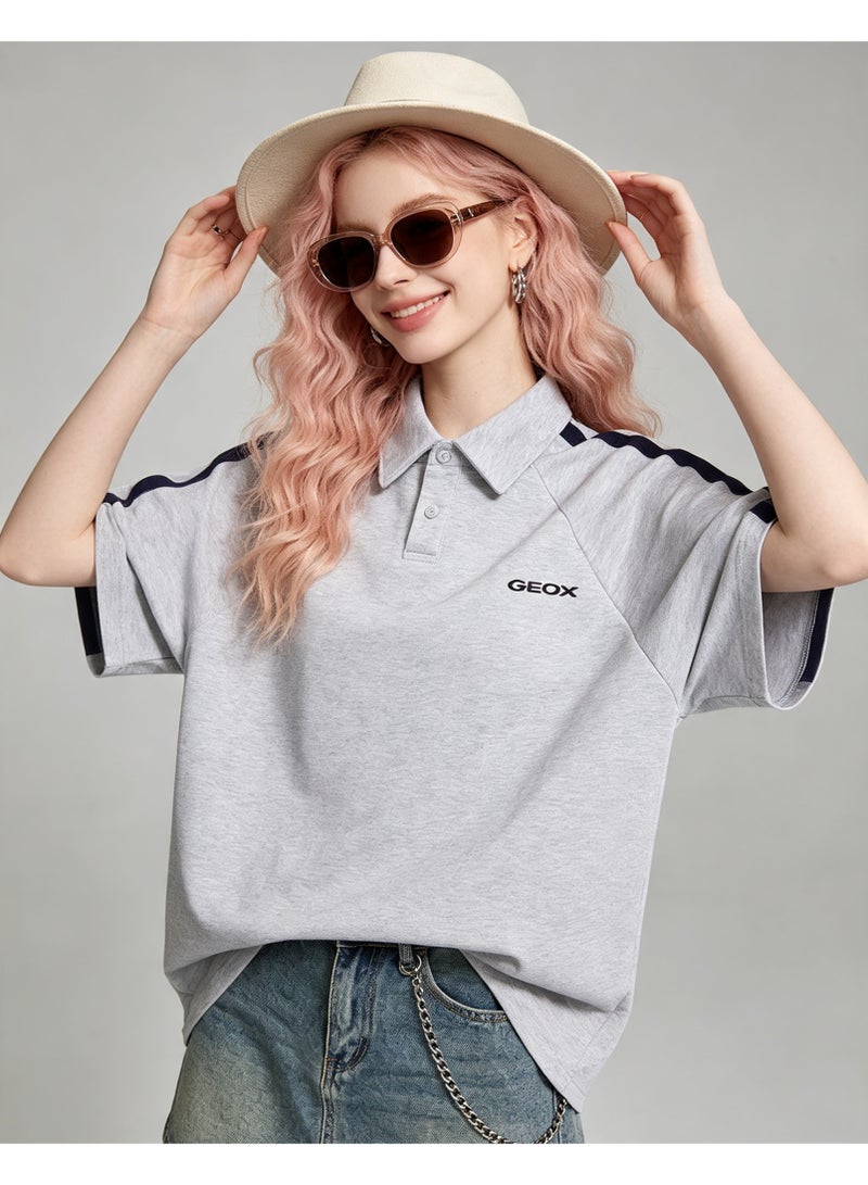 GEOX Men Loose Collared Short Sleeve Polo Shirt Casual Side Stripe Tee Light Grey - Image 4