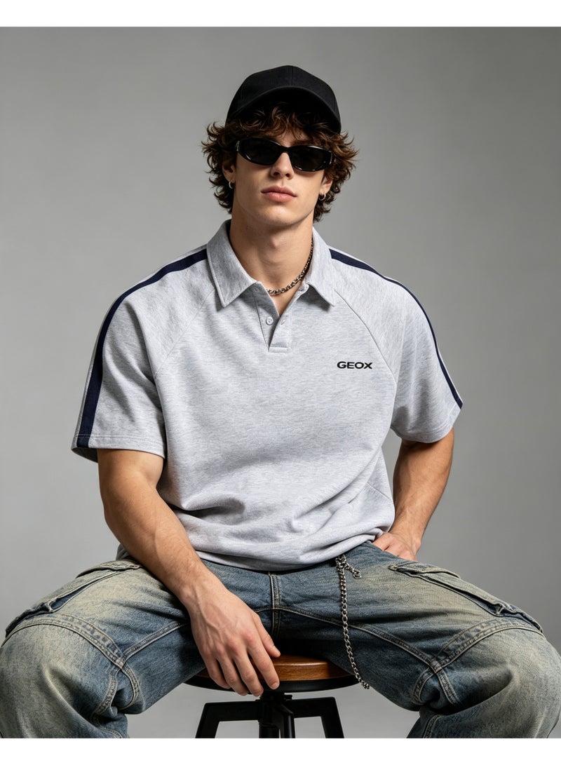 GEOX Men Loose Collared Short Sleeve Polo Shirt Casual Side Stripe Tee Light Grey - Image 1