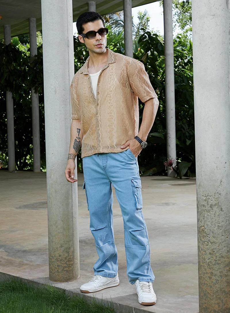 Campus Sutra Campus Sutra Men's Sand Beige Swirl Open-Knit Resort Shirt For Casual Wear | Cuban Collar | Short Regular Sleeves | Button Closure | Oversized Shirt Crafted With Comfort Fit For Everyday Wear