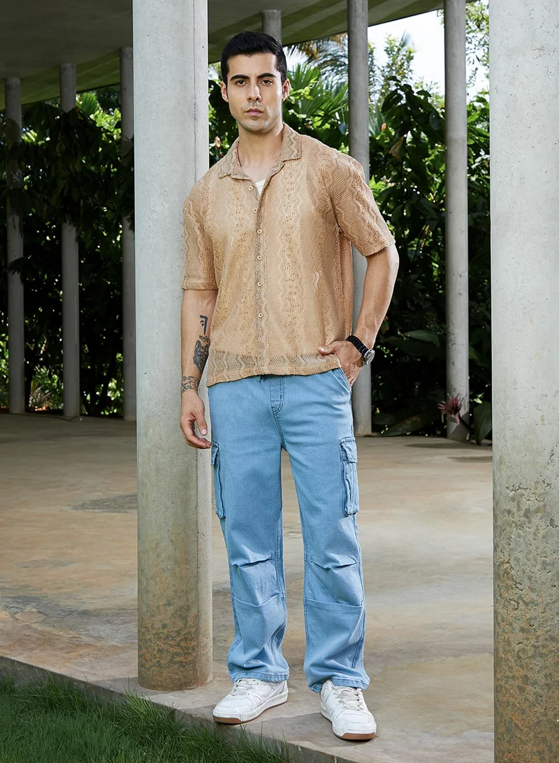 Campus Sutra Campus Sutra Men's Sand Beige Swirl Open-Knit Resort Shirt For Casual Wear | Cuban Collar | Short Regular Sleeves | Button Closure | Oversized Shirt Crafted With Comfort Fit For Everyday Wear