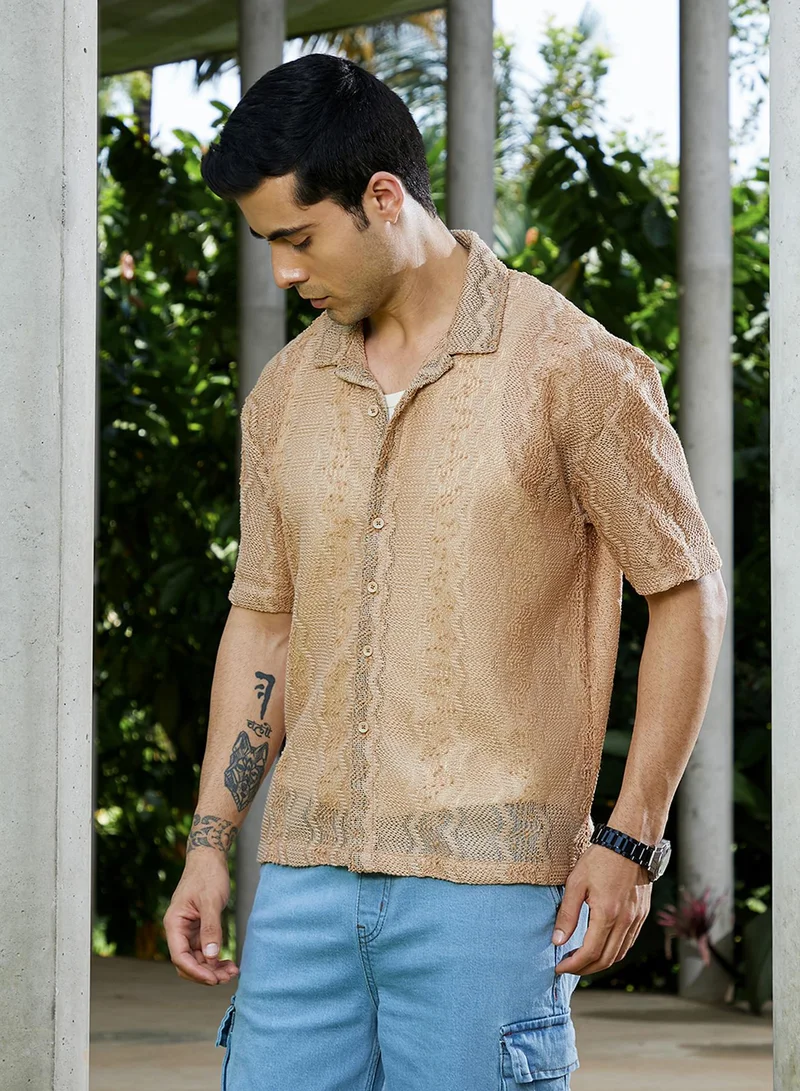 Campus Sutra Campus Sutra Men's Sand Beige Swirl Open-Knit Resort Shirt For Casual Wear | Cuban Collar | Short Regular Sleeves | Button Closure | Oversized Shirt Crafted With Comfort Fit For Everyday Wear
