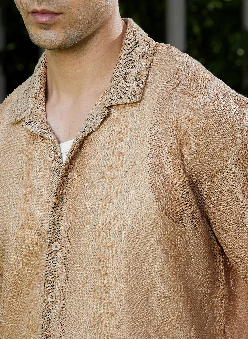 Campus Sutra Campus Sutra Men's Sand Beige Swirl Open-Knit Resort Shirt For Casual Wear | Cuban Collar | Short Regular Sleeves | Button Closure | Oversized Shirt Crafted With Comfort Fit For Everyday Wear