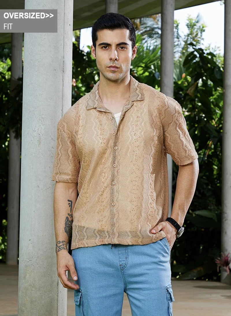 Campus Sutra Campus Sutra Men's Sand Beige Swirl Open-Knit Resort Shirt For Casual Wear | Cuban Collar | Short Regular Sleeves | Button Closure | Oversized Shirt Crafted With Comfort Fit For Everyday Wear