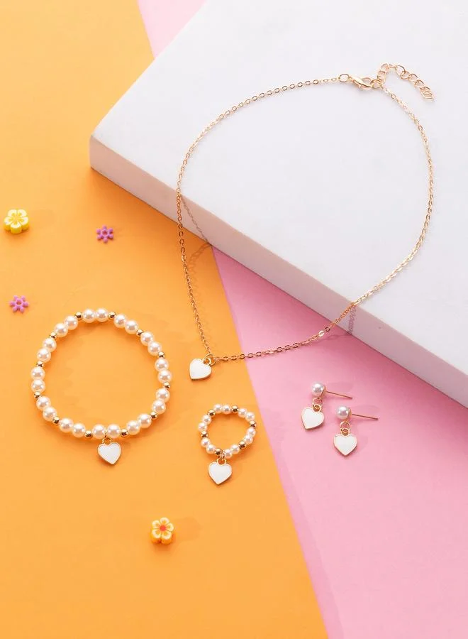 Girls White Heart Charm Necklace, Pearl Bracelet, Ring and Earrings Set