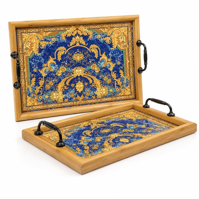 Decorative Wooden Serving Tray Set of 2 with Metal Handles – Serving Tray for Drinks, Desserts, Fruits – Elegant Decorative Trays for Coffee Table, Dining Table, Hospitality, 1 - Image 1