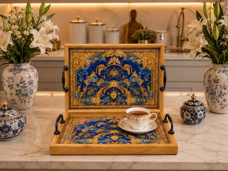 Decorative Wooden Serving Tray Set of 2 with Metal Handles – Serving Tray for Drinks, Desserts, Fruits – Elegant Decorative Trays for Coffee Table, Dining Table, Hospitality, 1 - Image 2