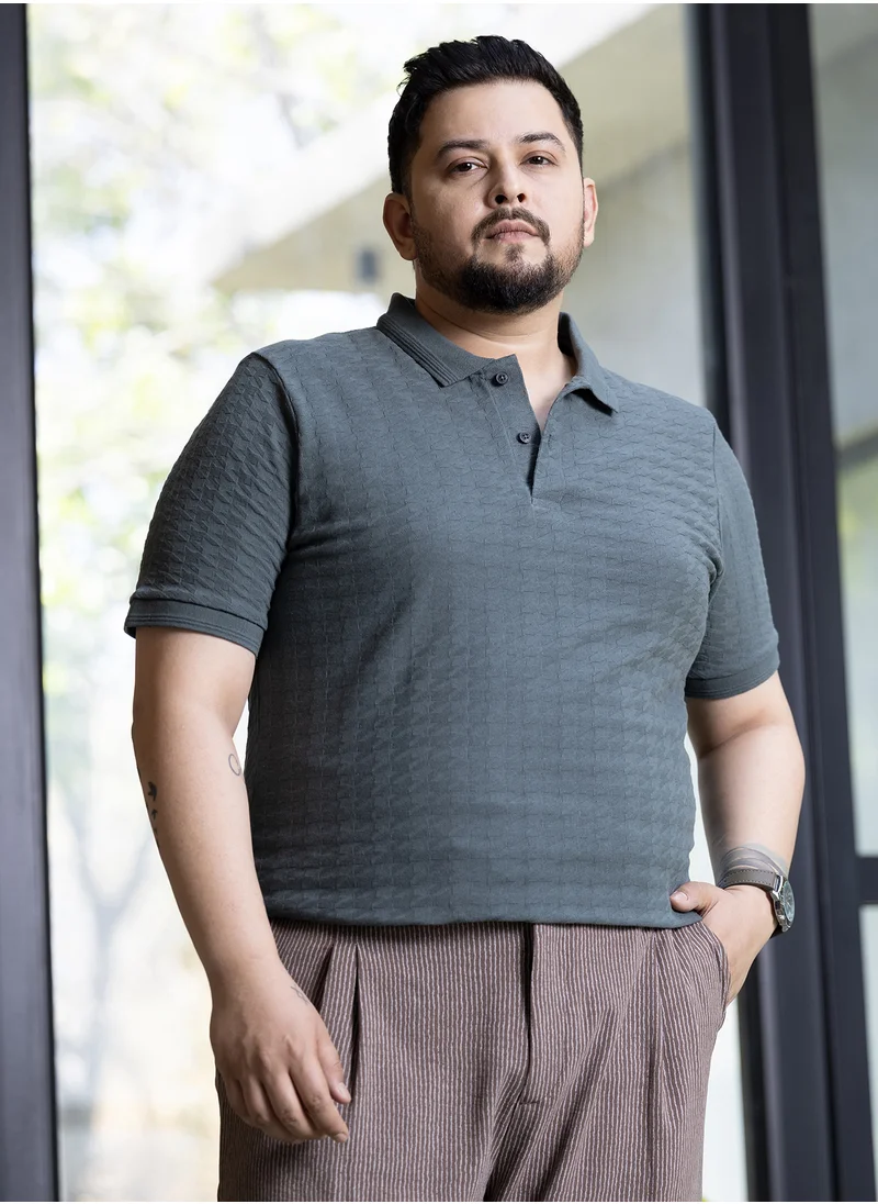 Instafab Plus Instafab Plus Men's Charcoal Grey Houndstooth-Textured Polo T-Shirt For Casual Wear | Polo Neck | Short Sleeves | Half-Button Closure | Plus Size T-Shirt Crafted With Comfort Fit For Everyday Wear