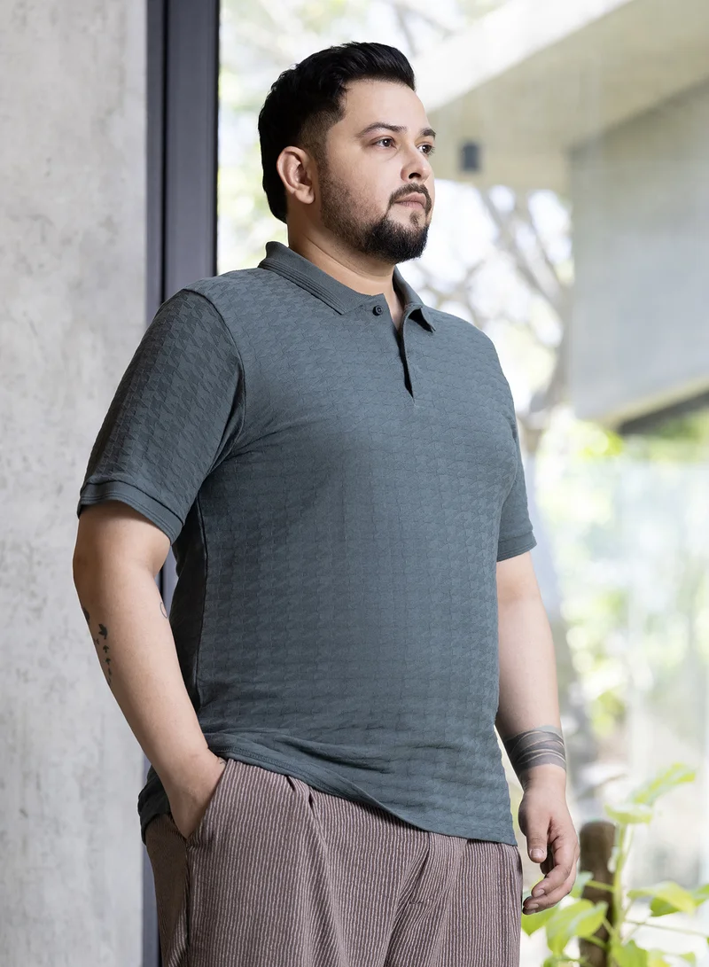 Instafab Plus Instafab Plus Men's Charcoal Grey Houndstooth-Textured Polo T-Shirt For Casual Wear | Polo Neck | Short Sleeves | Half-Button Closure | Plus Size T-Shirt Crafted With Comfort Fit For Everyday Wear