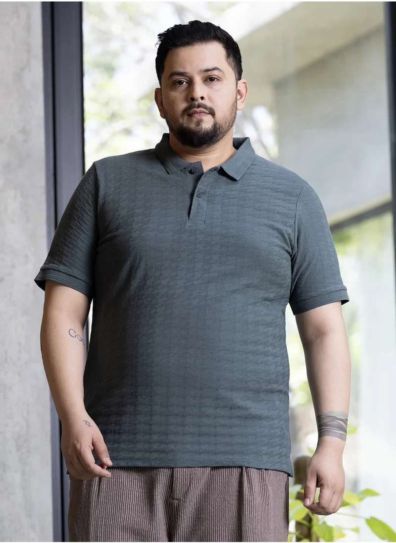 Instafab Plus Instafab Plus Men's Charcoal Grey Houndstooth-Textured Polo T-Shirt For Casual Wear | Polo Neck | Short Sleeves | Half-Button Closure | Plus Size T-Shirt Crafted With Comfort Fit For Everyday Wear