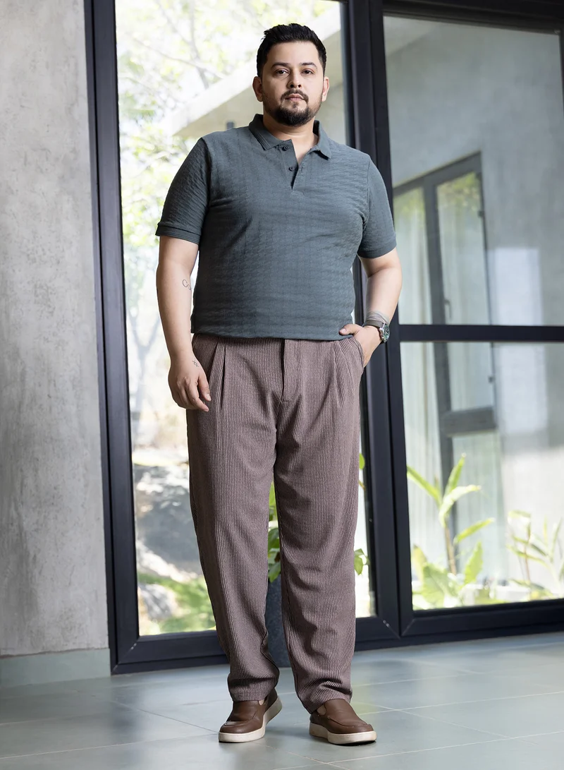 Instafab Plus Instafab Plus Men's Charcoal Grey Houndstooth-Textured Polo T-Shirt For Casual Wear | Polo Neck | Short Sleeves | Half-Button Closure | Plus Size T-Shirt Crafted With Comfort Fit For Everyday Wear