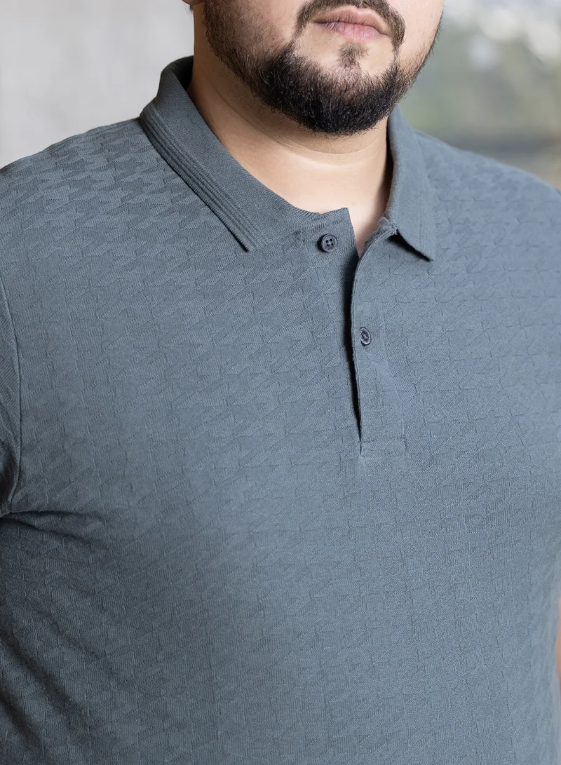 Instafab Plus Instafab Plus Men's Charcoal Grey Houndstooth-Textured Polo T-Shirt For Casual Wear | Polo Neck | Short Sleeves | Half-Button Closure | Plus Size T-Shirt Crafted With Comfort Fit For Everyday Wear