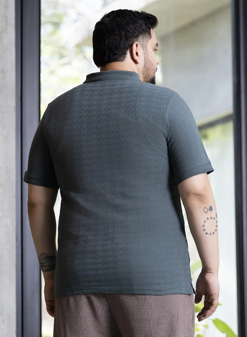 Instafab Plus Instafab Plus Men's Charcoal Grey Houndstooth-Textured Polo T-Shirt For Casual Wear | Polo Neck | Short Sleeves | Half-Button Closure | Plus Size T-Shirt Crafted With Comfort Fit For Everyday Wear