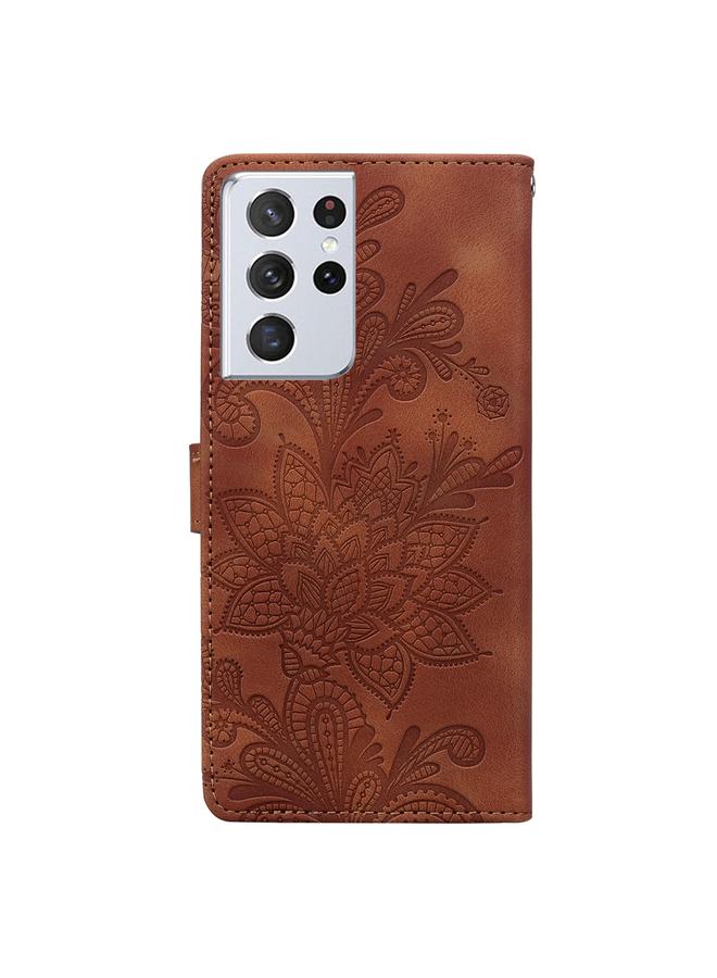 S-TOP Case For Samsung Galaxy S21 Ultra 5G Lace Floral Embossed Magnetic Buckle PU Phone Case With Wrist Strap - Image 3