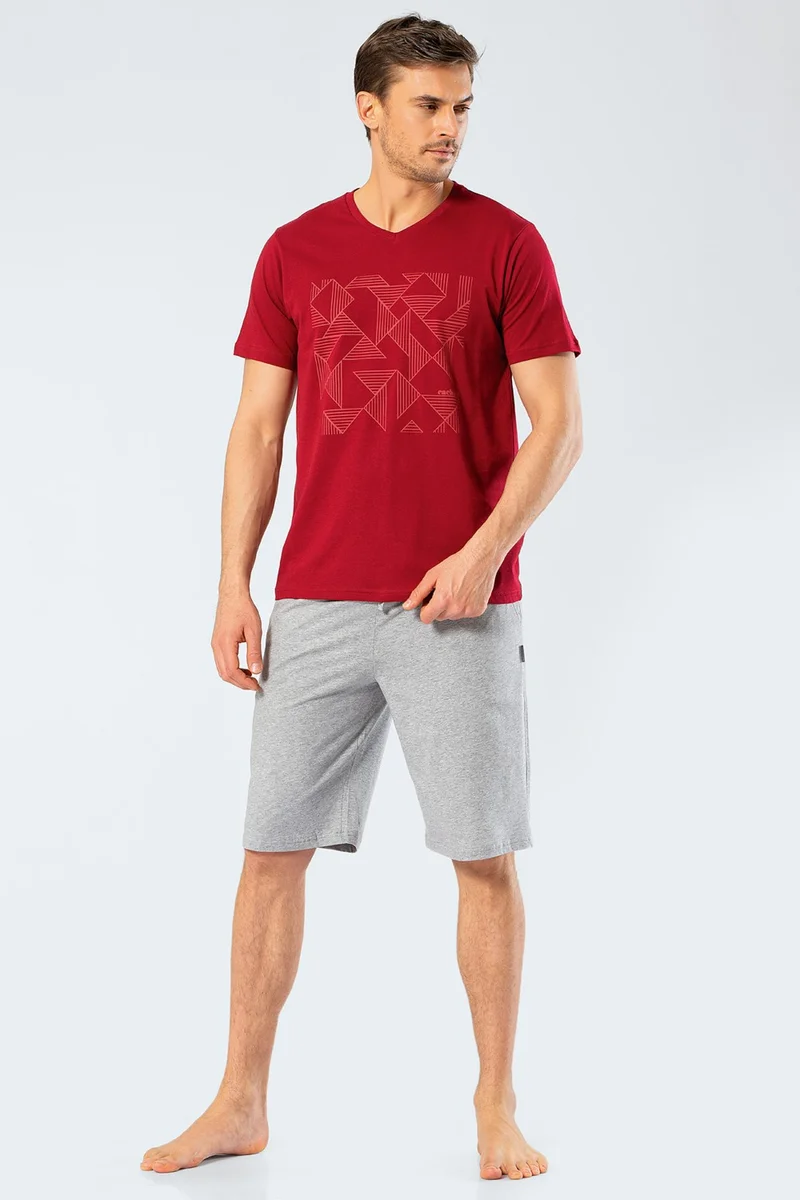 كاشاريل 2199 Men's Printed V-Neck Bermuda Shorts Pajamas Set - Claret Red