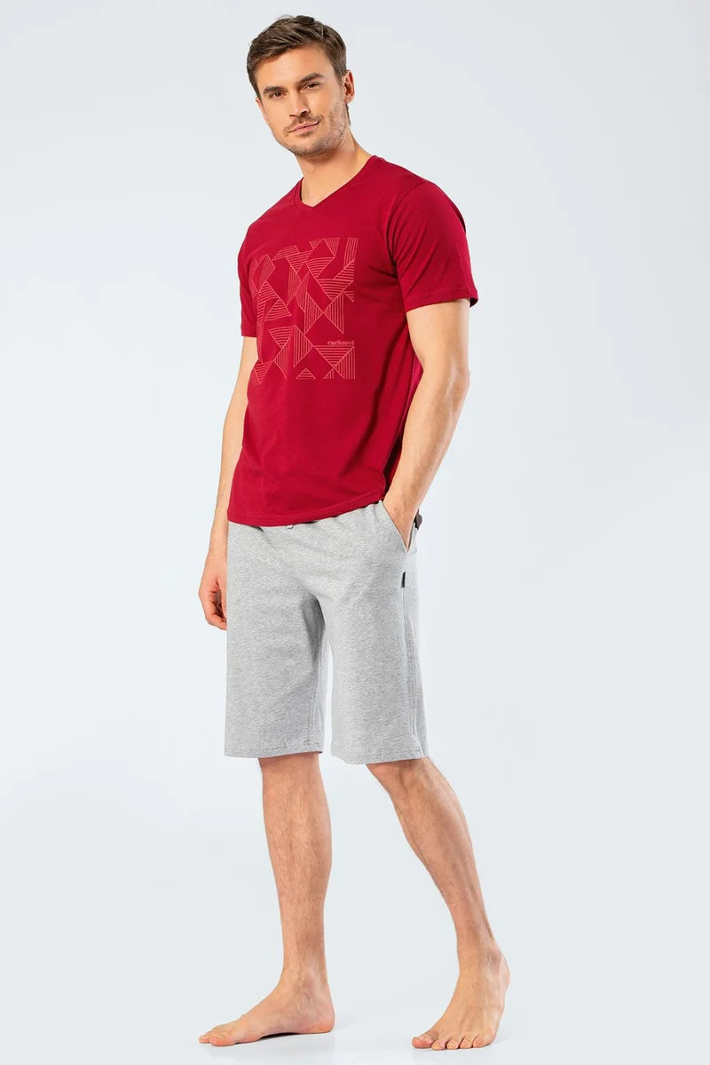 كاشاريل 2199 Men's Printed V-Neck Bermuda Shorts Pajamas Set - Claret Red