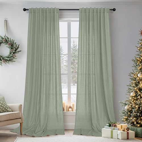 DANCURTON Sage Green Curtains 96 Inches Long for Boys Bedroom 2 Panels Back Tab Pocket Light Filtering Semi Sheer Cotton Textured Flax Linen Light Green Curtain for Living Room Spring Summer Neutral Decor 52x96 - Image 1
