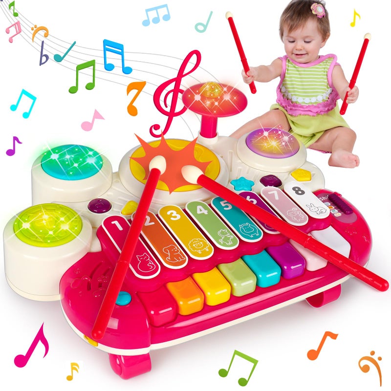 AugToy 3 in 1 Musical Toys for Toddlers 1-3 Piano Xylophone Drum Set Toys for 1 2 3 Year Old Girls Birthday Music Instruments Baby Learning Developmental Sensory Toys Toddler Toys Age 1-2 2-3 - Image 1