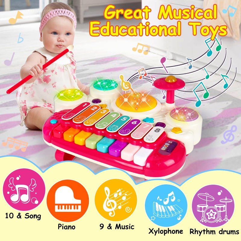 AugToy 3 in 1 Musical Toys for Toddlers 1-3 Piano Xylophone Drum Set Toys for 1 2 3 Year Old Girls Birthday Music Instruments Baby Learning Developmental Sensory Toys Toddler Toys Age 1-2 2-3 - Image 3
