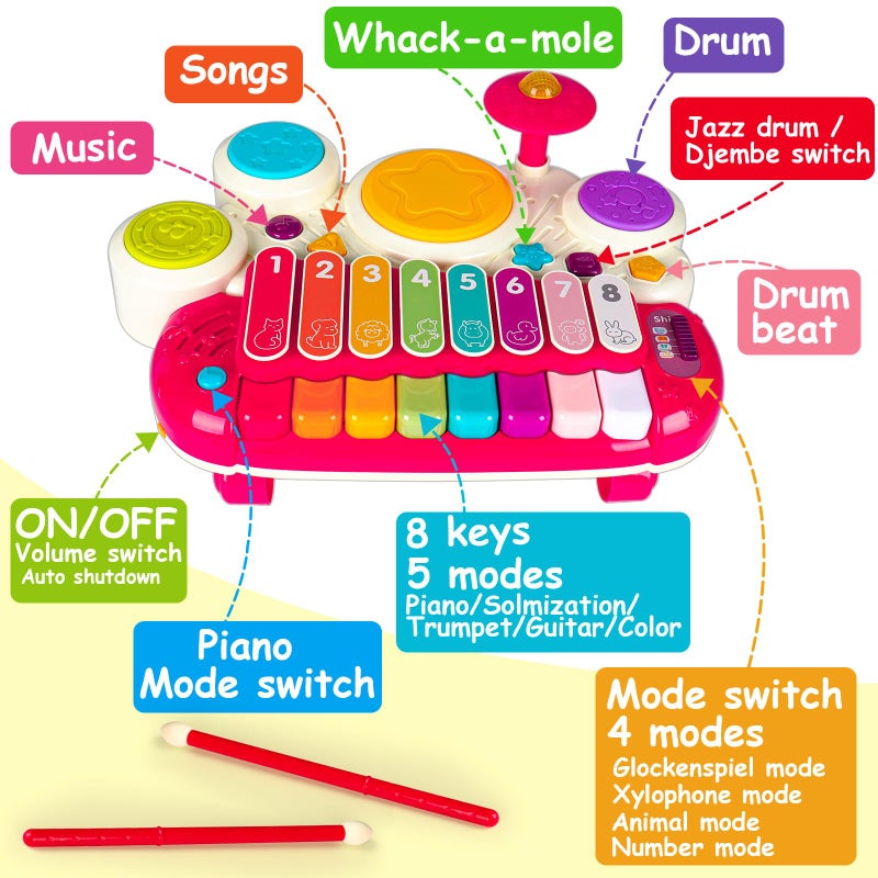 AugToy 3 in 1 Musical Toys for Toddlers 1-3 Piano Xylophone Drum Set Toys for 1 2 3 Year Old Girls Birthday Music Instruments Baby Learning Developmental Sensory Toys Toddler Toys Age 1-2 2-3 - Image 2