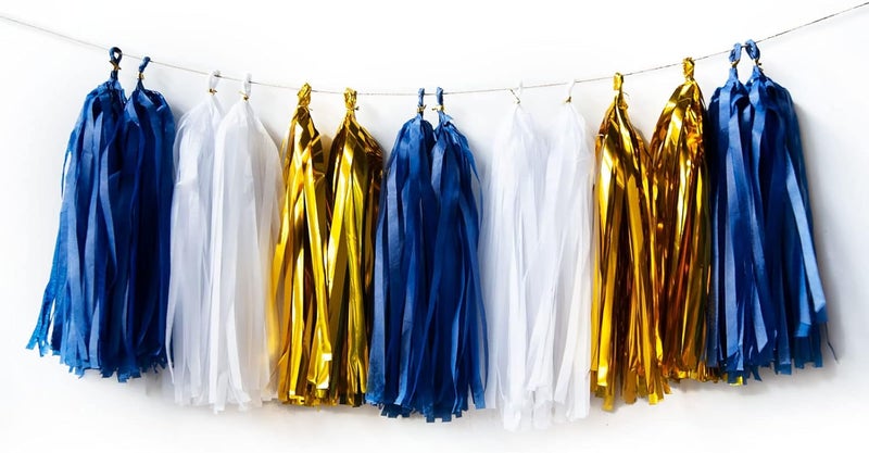 AIM & GGKK Navy Blue,Gold and White Tassel Garland Banner Tissue Paper Tassels for Party Suppiles Decorations,Wedding Decorations,Nursery Decor,Engagement,Football Party, DIY Kits(15PCS) - Image 1